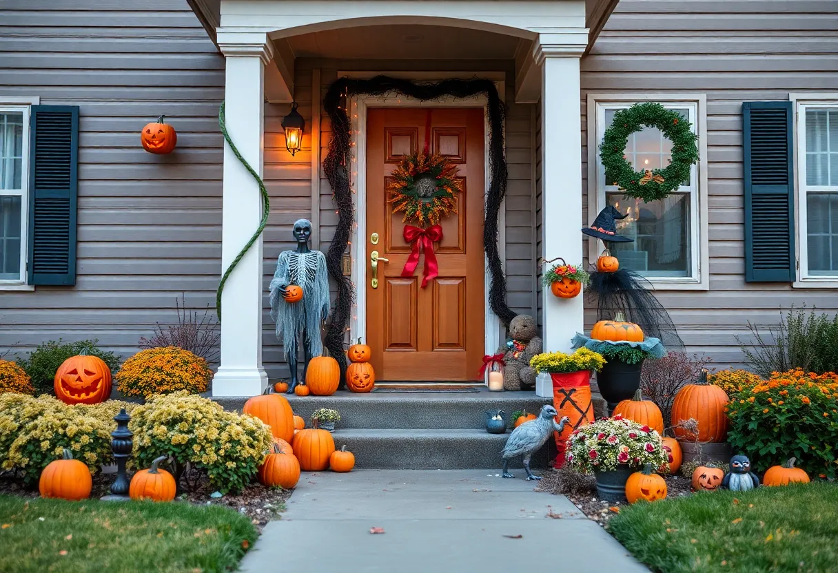 Decorated doorsteps in Omaha during Halloween
