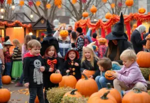 Families enjoying the Halloween Spooktacular event in Omaha with costumes, games, and music.