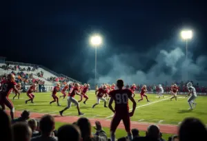 High school football players competing during a game at night.