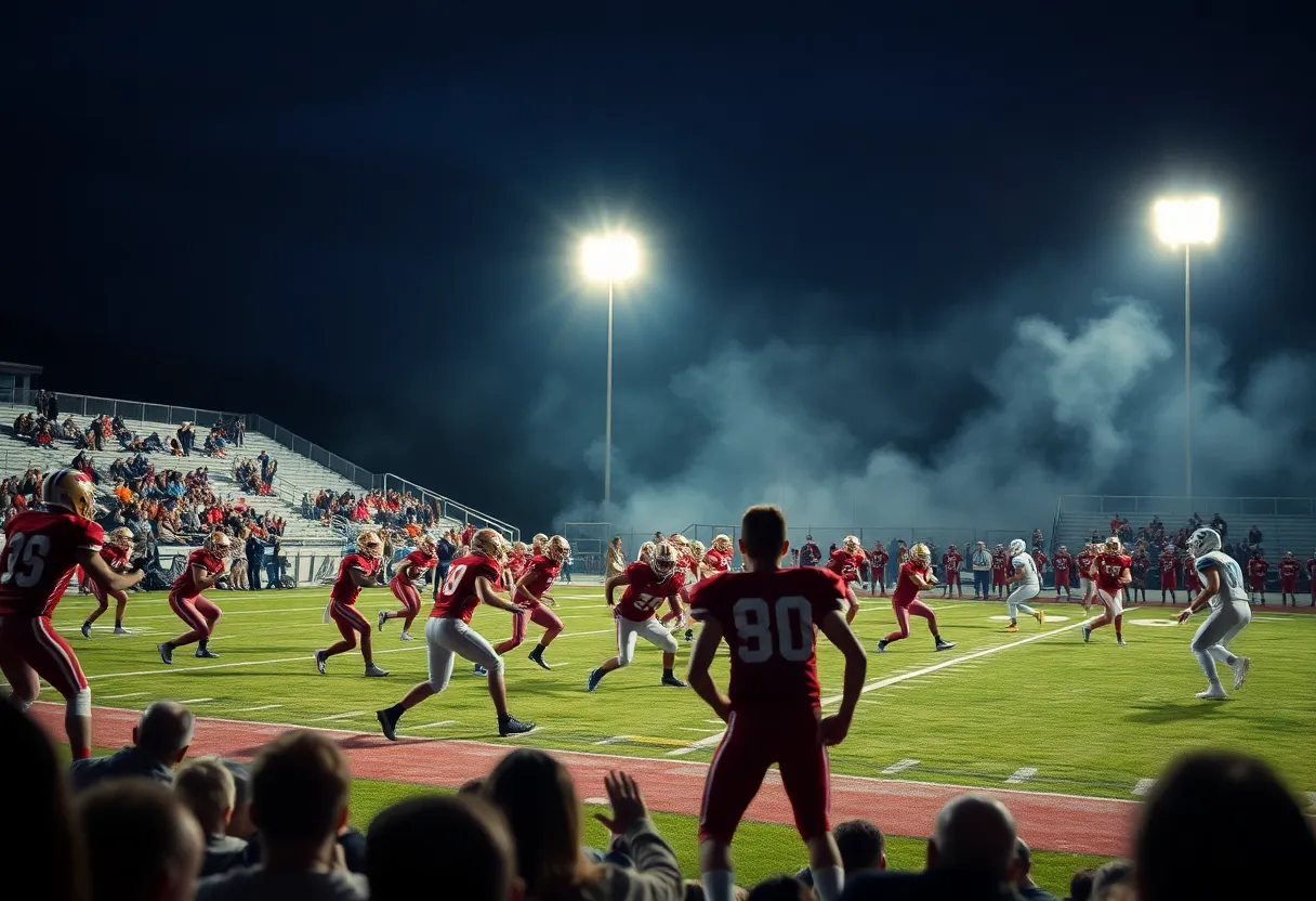 High school football players competing during a game at night.