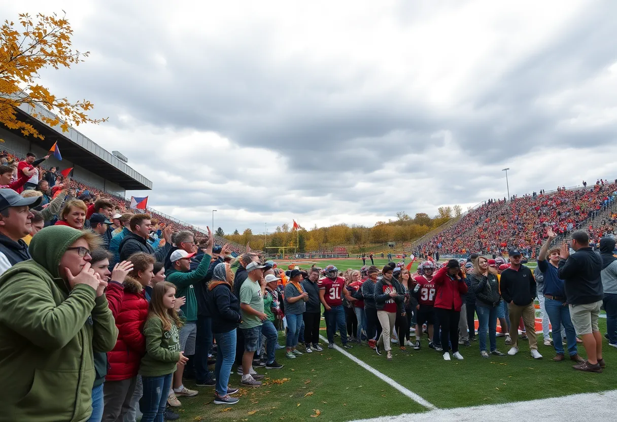 Fans cheering at a high school football game in Omaha