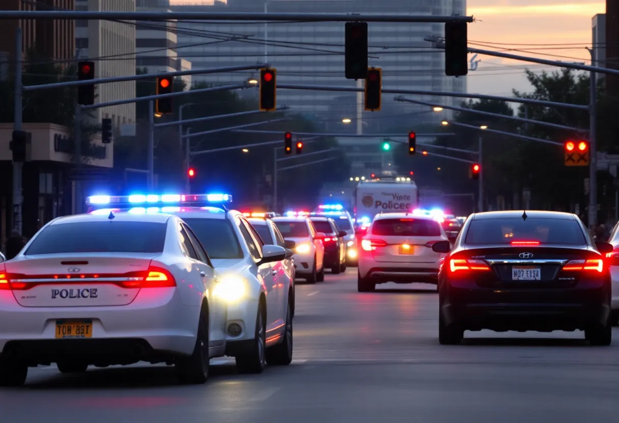 Scene depicting a busy city street with police presence and traffic during a high-speed chase.