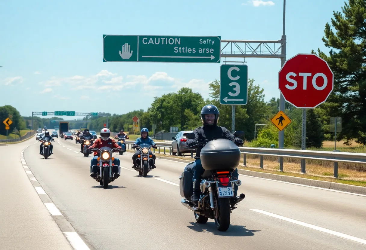 Motorcyclists on Omaha highway with safety signs