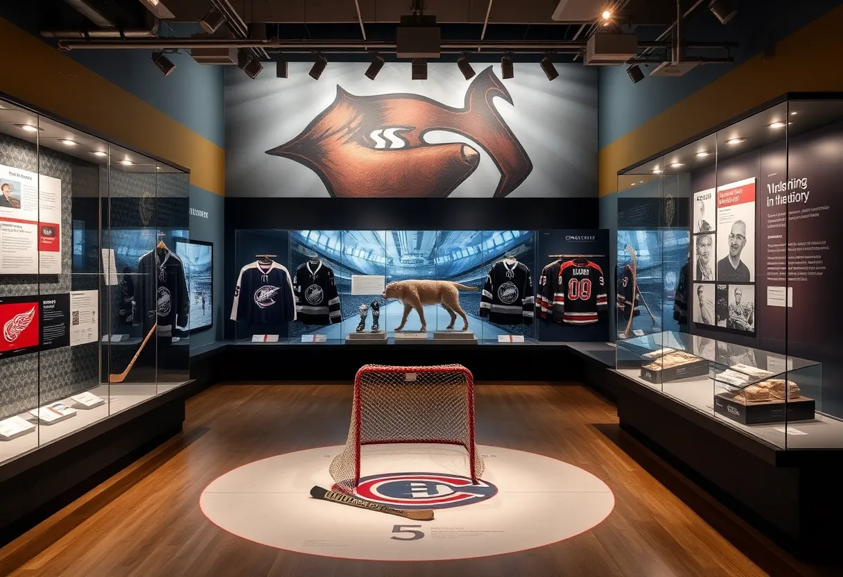 Display of hockey artifacts in the Durham Museum