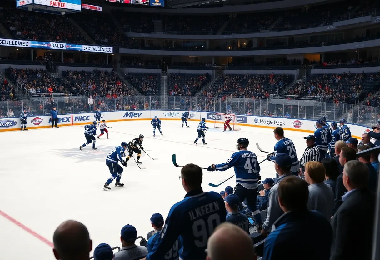 Omaha's hockey team in action against UMass during an intense match