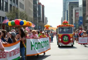 Crowd at Omaha homecoming parade with colorful floats