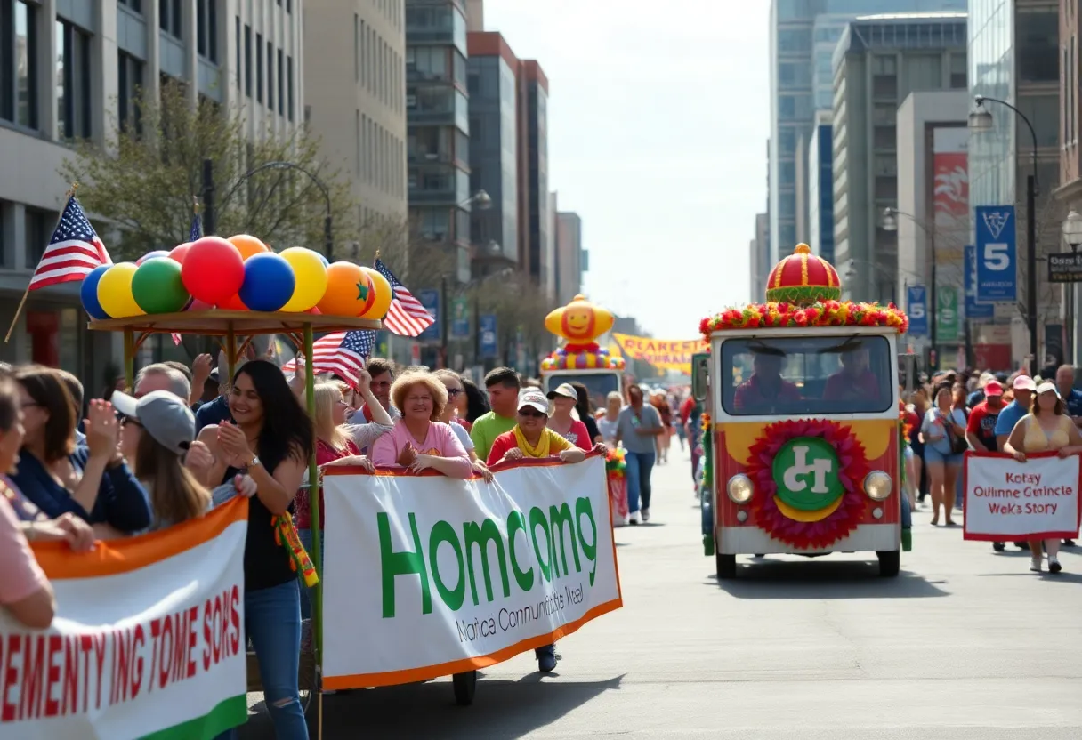 Crowd at Omaha homecoming parade with colorful floats