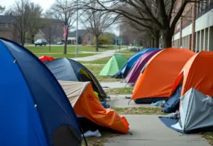 A view of homeless encampments in Omaha with public parks in the background