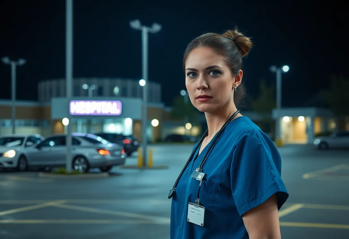 A nurse standing in a hospital parking lot looking vigilant at night