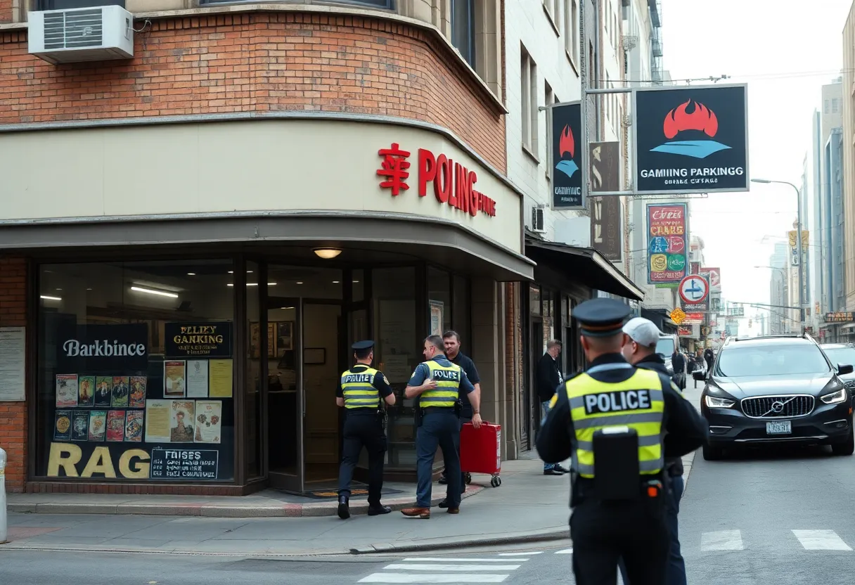 Police officers conducting a raid in downtown Omaha on an illegal gambling operation