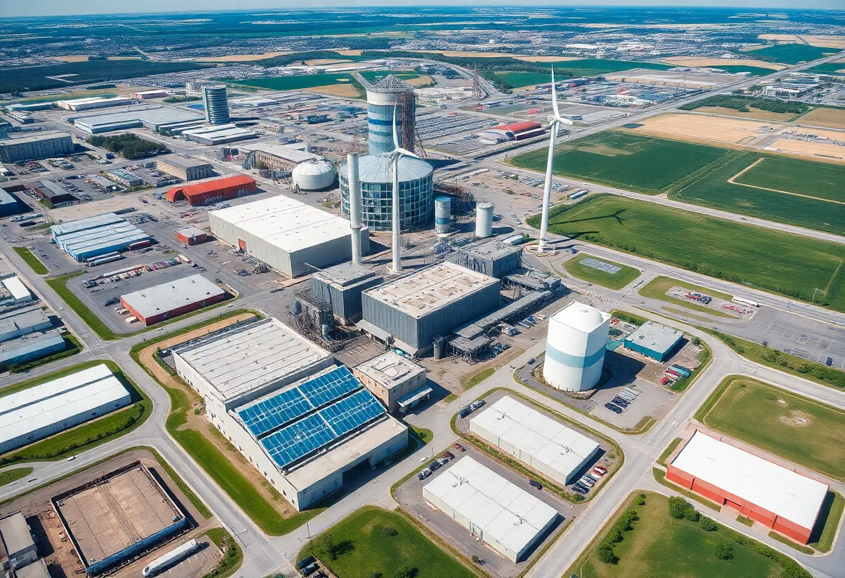 Aerial view of Omaha's industrial area with renewable energy focus