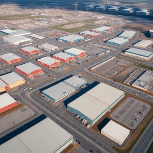 Aerial view of Omaha showcasing industrial buildings and factories.