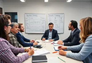 Investors at an Omaha workshop discussing Warren Buffett's investment strategies.