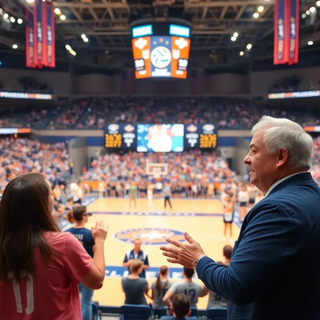 A large crowd at Pinnacle Bank Arena celebrating volleyball coach's achievements
