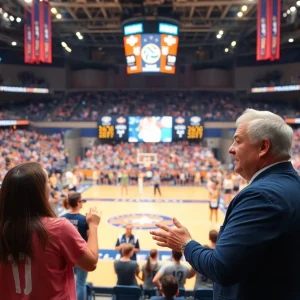 A large crowd at Pinnacle Bank Arena celebrating volleyball coach's achievements