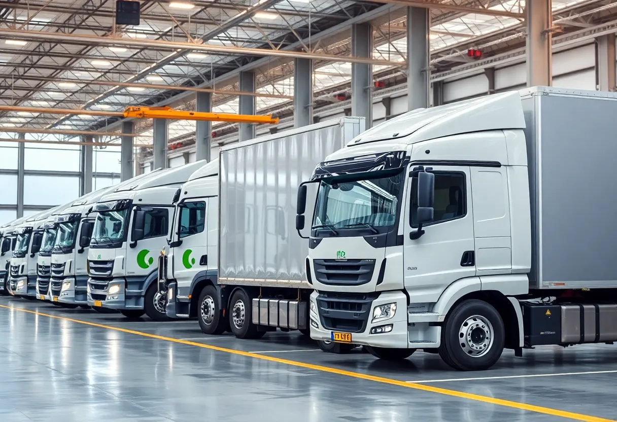 Electric trucks at a logistics facility in Omaha