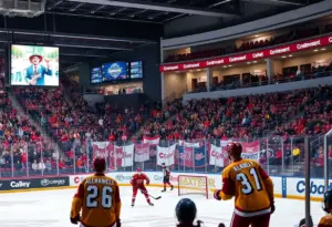 Omaha Mavericks hockey team celebrating during a game against Massachusetts Minutemen