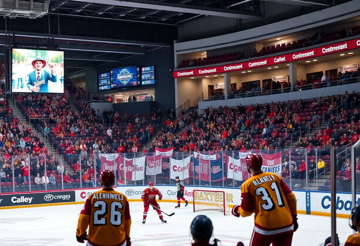 Omaha Mavericks hockey team celebrating during a game against Massachusetts Minutemen
