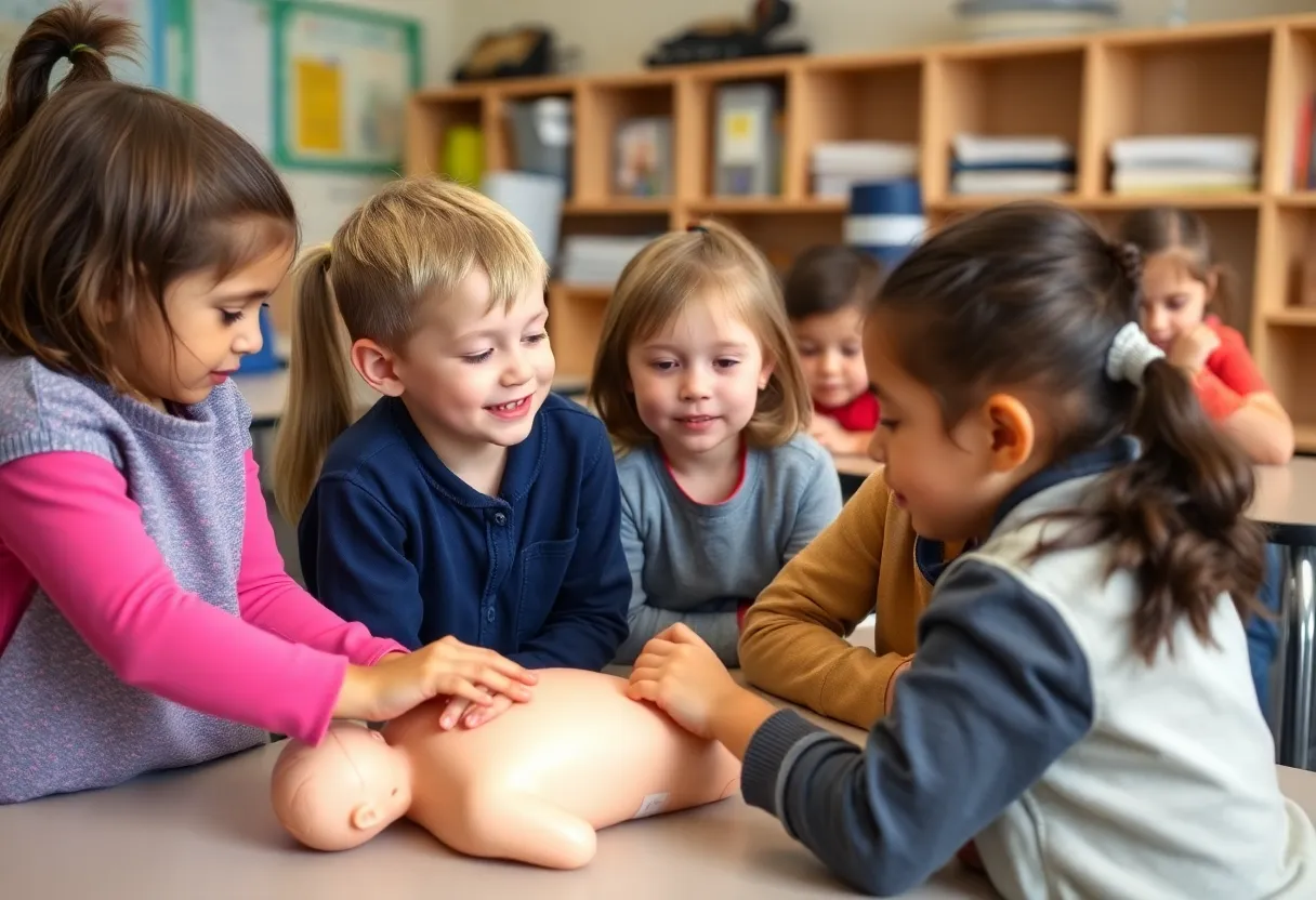 Children engaging in healthcare simulations at the Omaha Mini Medical School event