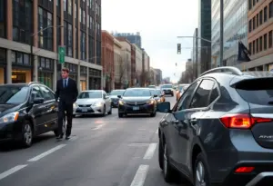 Illustration of a minor car accident scene in Omaha with insurance agents discussing reporting importance