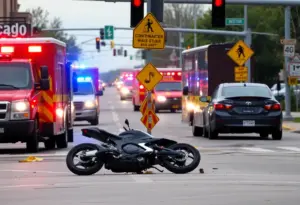 Scene of a motorcycle accident in Omaha with debris and emergency vehicles present.