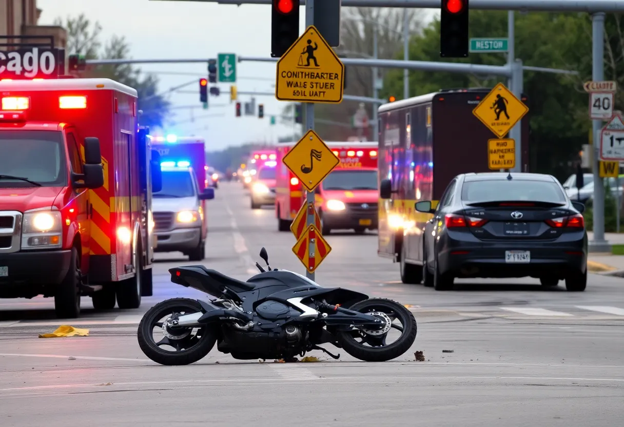Scene of a motorcycle accident in Omaha with debris and emergency vehicles present.