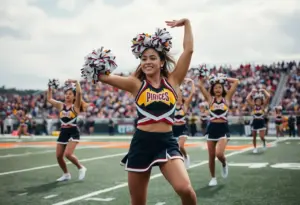 Cheerleader performing on the field with enthusiasm