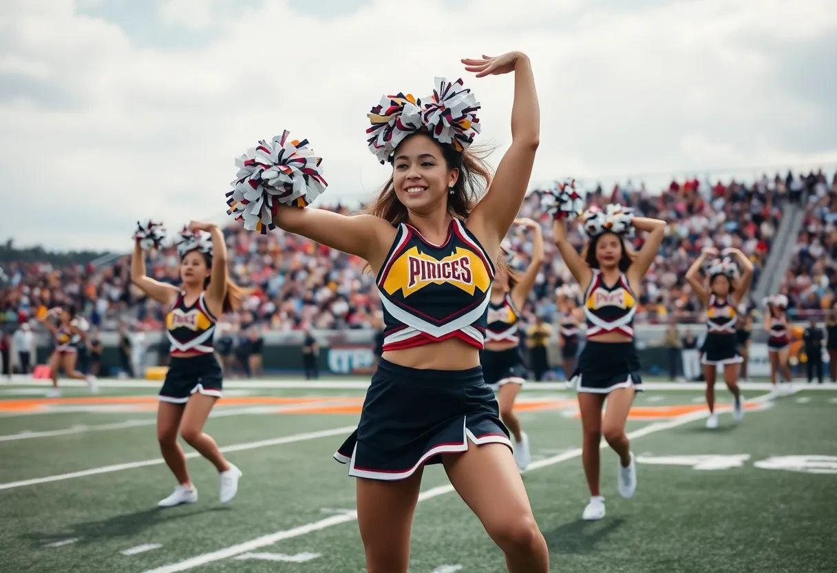 Cheerleader performing on the field with enthusiasm