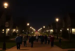 A tranquil view of an Omaha neighborhood at night with street lighting.