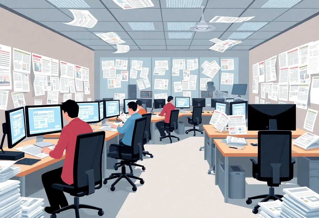 Illustration of Omaha newspaper office focusing on digital journalism.