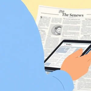 A person reading news on a tablet with a historical newspaper in view.