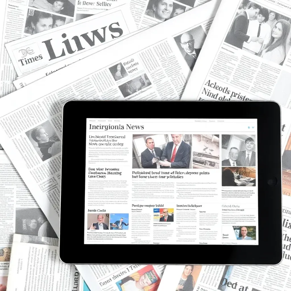 A comparison of print newspapers and a digital device showing news articles.