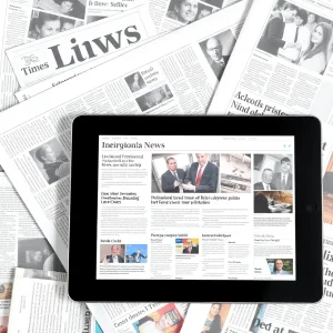A comparison of print newspapers and a digital device showing news articles.
