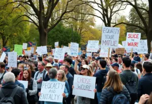 Protesters at the Omaha No Kings rally holding signs