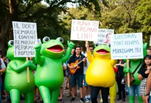 Protesters in inflatable frog costumes at Omaha No Kings rally