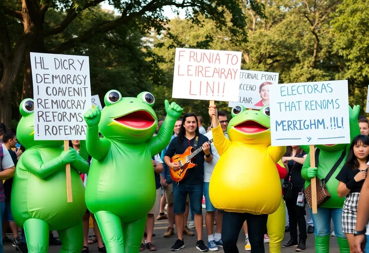 Protesters in inflatable frog costumes at Omaha No Kings rally
