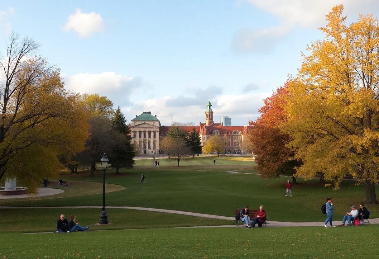 People enjoying a sunny day in an Omaha park during autumn.