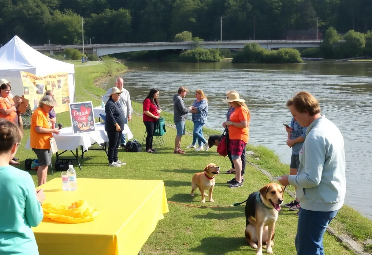 Community members participating in a pet safety workshop near a river.