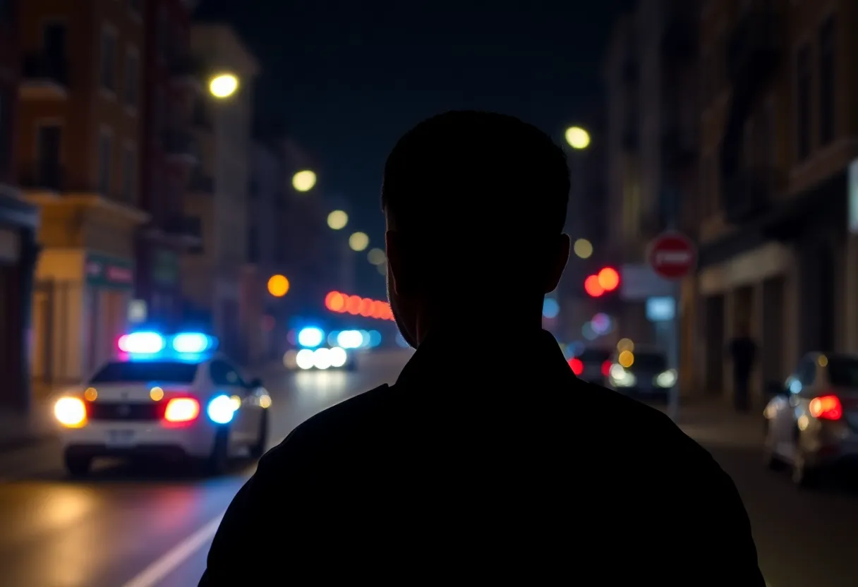 Police lights flashing at night after an incident.