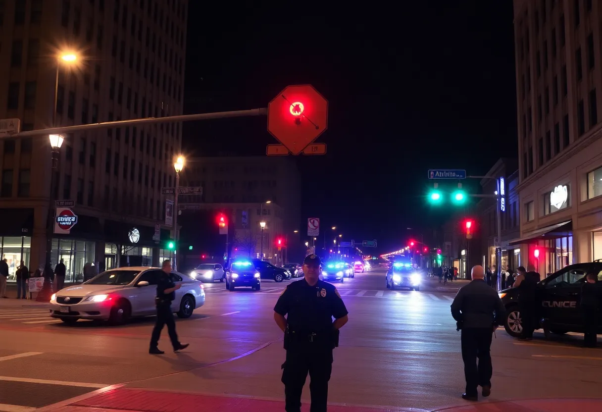 Police investigation scene in downtown Omaha at night