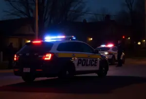 Police car at a domestic disturbance scene with officers responding.