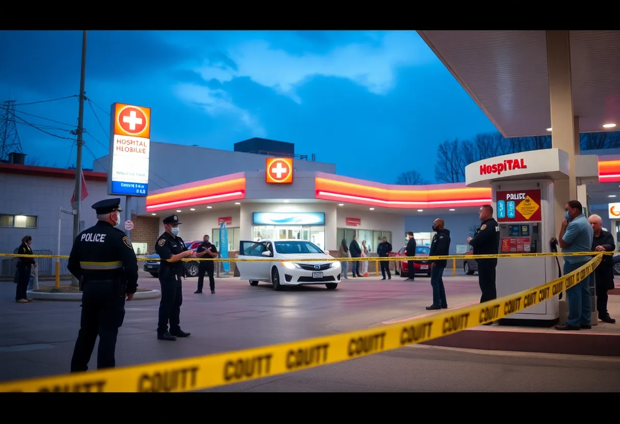 Police at a gas station with caution tape and community support outside a hospital