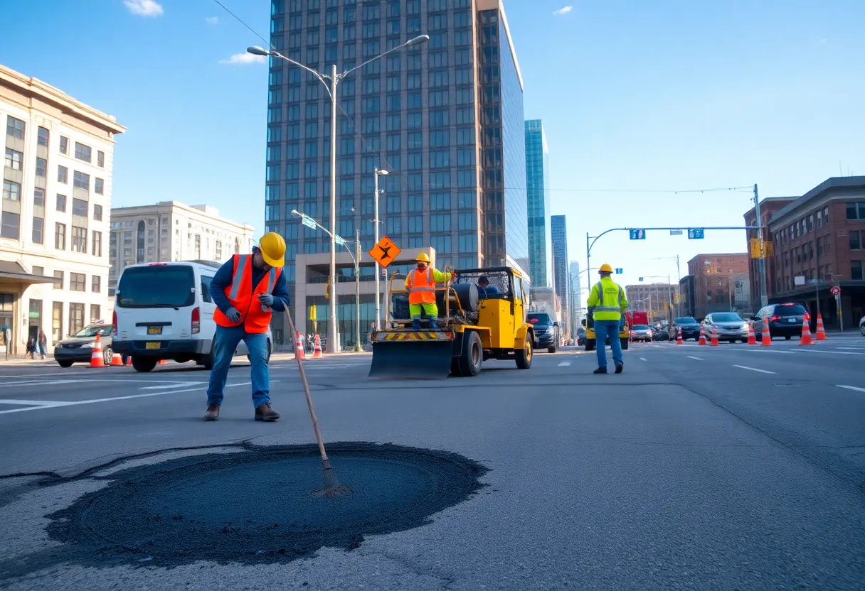 Construction workers repairing potholes on a busy Omaha street