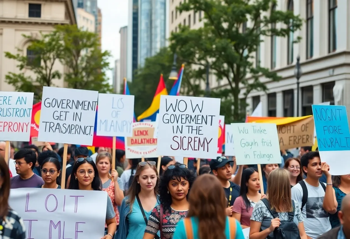 Crowd of protesters holding banners and signs in downtown Omaha