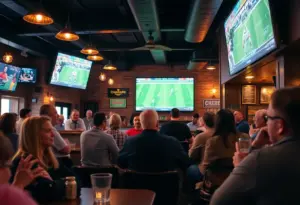 Patrons enjoying a football game at a pub in Omaha's Blackstone District