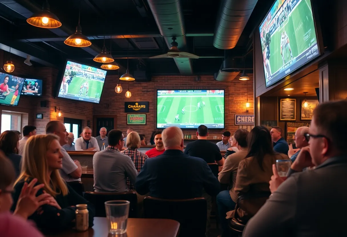 Patrons enjoying a football game at a pub in Omaha's Blackstone District