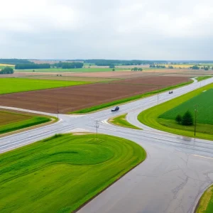 Landscape of Omaha showing puddles and green fields after rainfall