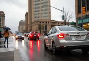 People commuting in Omaha during rainy weather