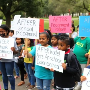 Community rally in Omaha advocating for after-school program funding.