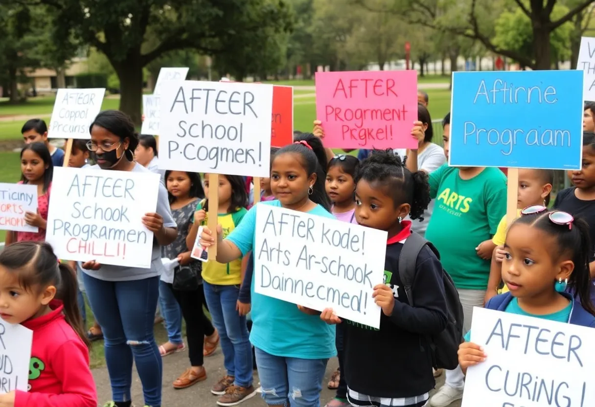 Community rally in Omaha advocating for after-school program funding.